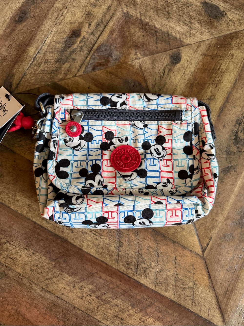 NWT Kipling Mickey Mouse Patterned Crossbody in Cream, Black, Blue & Red